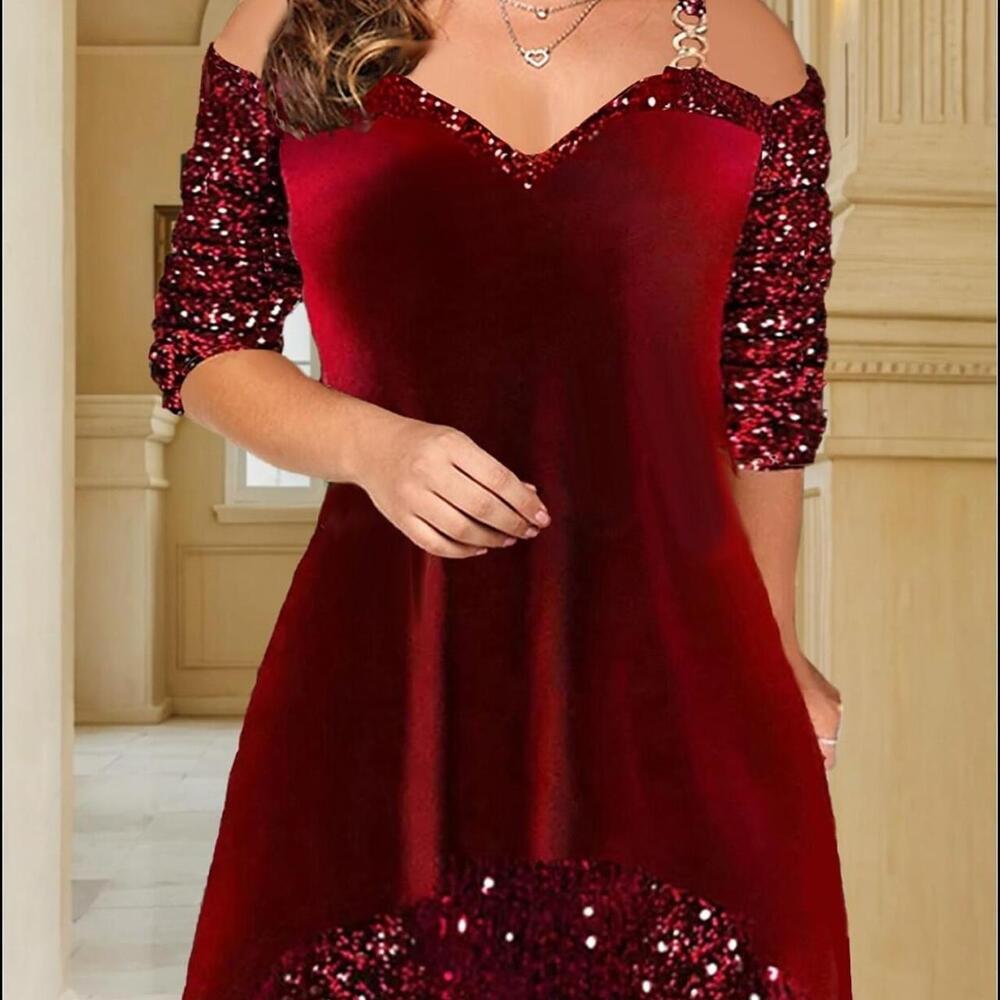 Red Velvet Sequined Party Dress